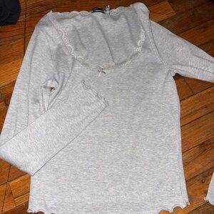 Gray Long Sleeve Top with Lace Trim